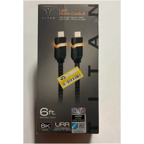 Titan 8K HDMI  2.1 Cable 6 ft Braided Ultra‑High‑Speed 48 Gbps with Amber LED - Picture 1 of 5